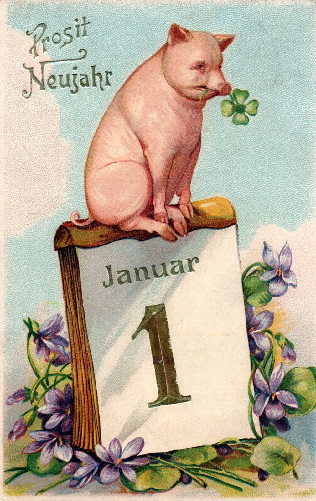 Pig Sitting on Top of Calendar New Year Pig Postcard