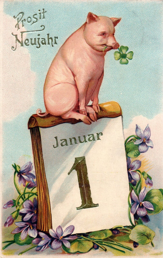 Pig Sitting on Top of Calendar New Year Pig Postcard