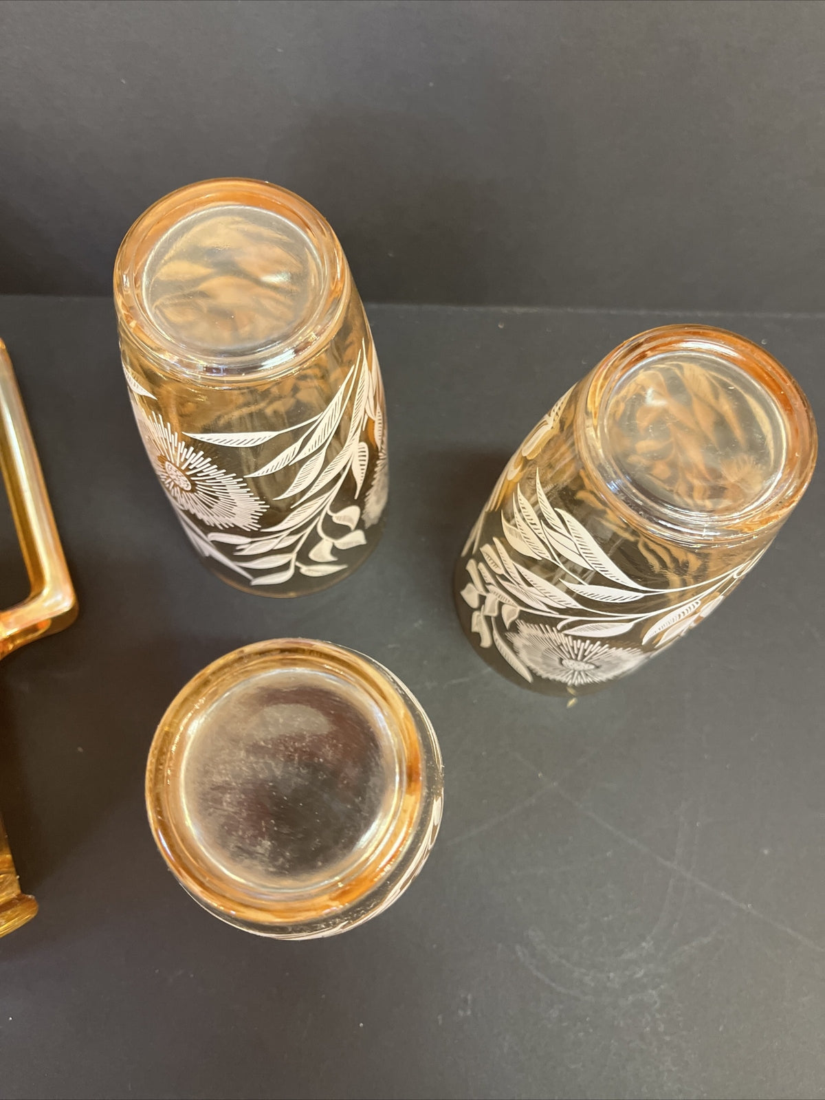 vtg Marigold Carnival Glass Pitcher 9.75" Hand Painted Sun Flowers w/ 2 glasses