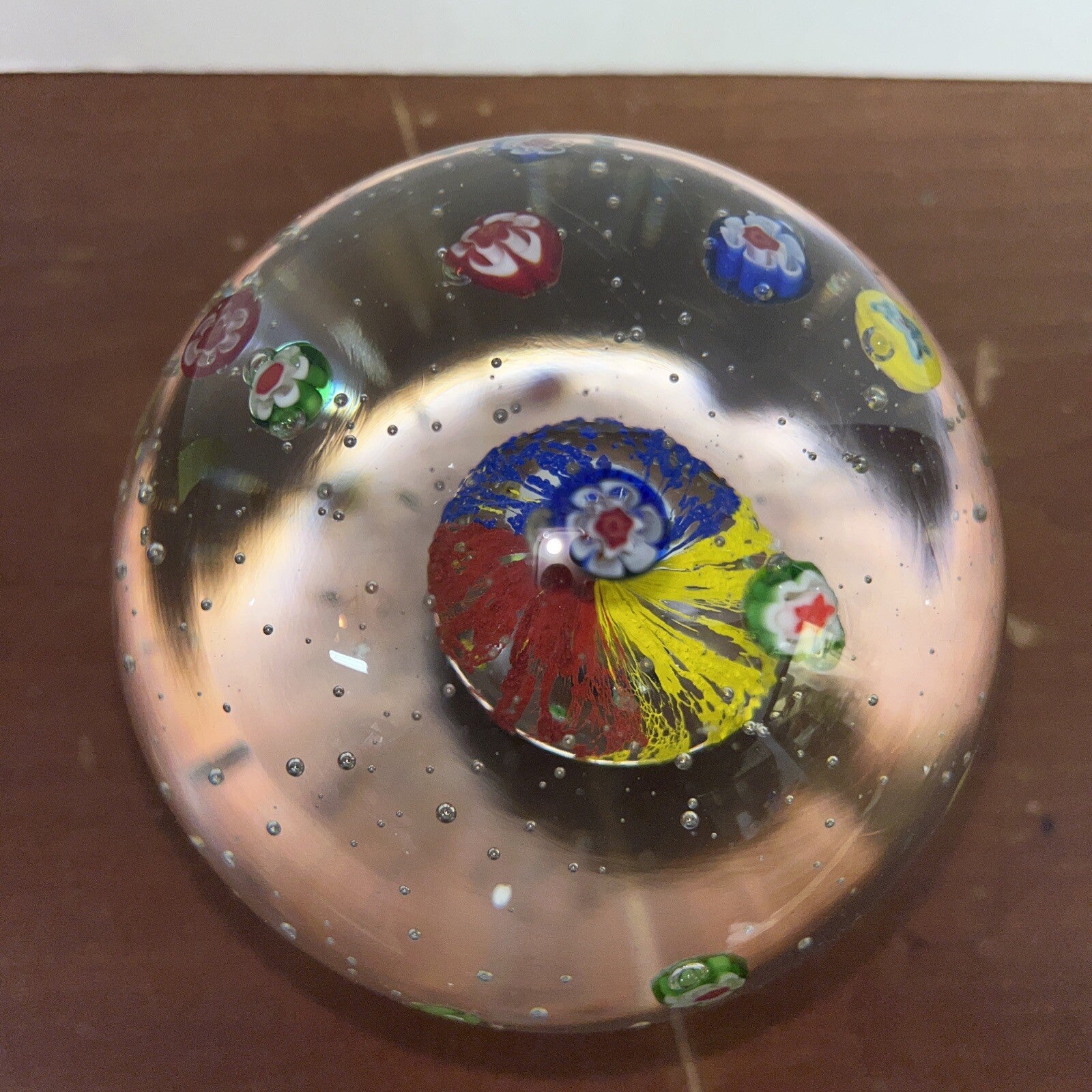 Vintage Art Glass Bubble Round Spear Paperweight Blue Red  Blue Yellow Clear 4”