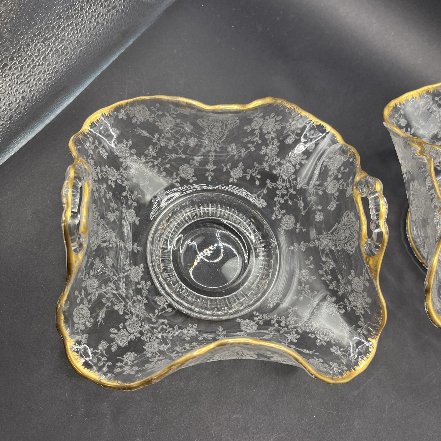 Vintage 2 Clear Glass & Gold Leaf Trim Etched Victoria Pattern Serving Bowl