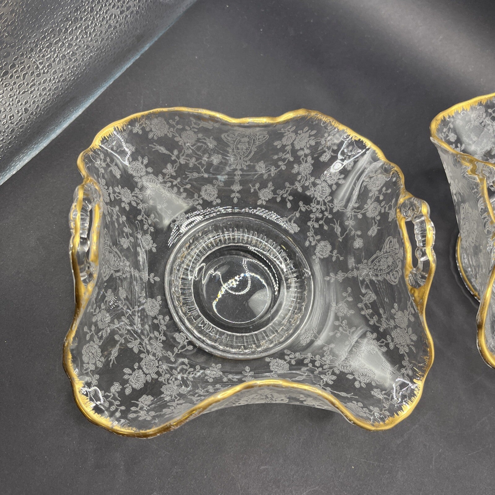 Vintage 2 Clear Glass & Gold Leaf Trim Etched Victoria Pattern Serving Bowl