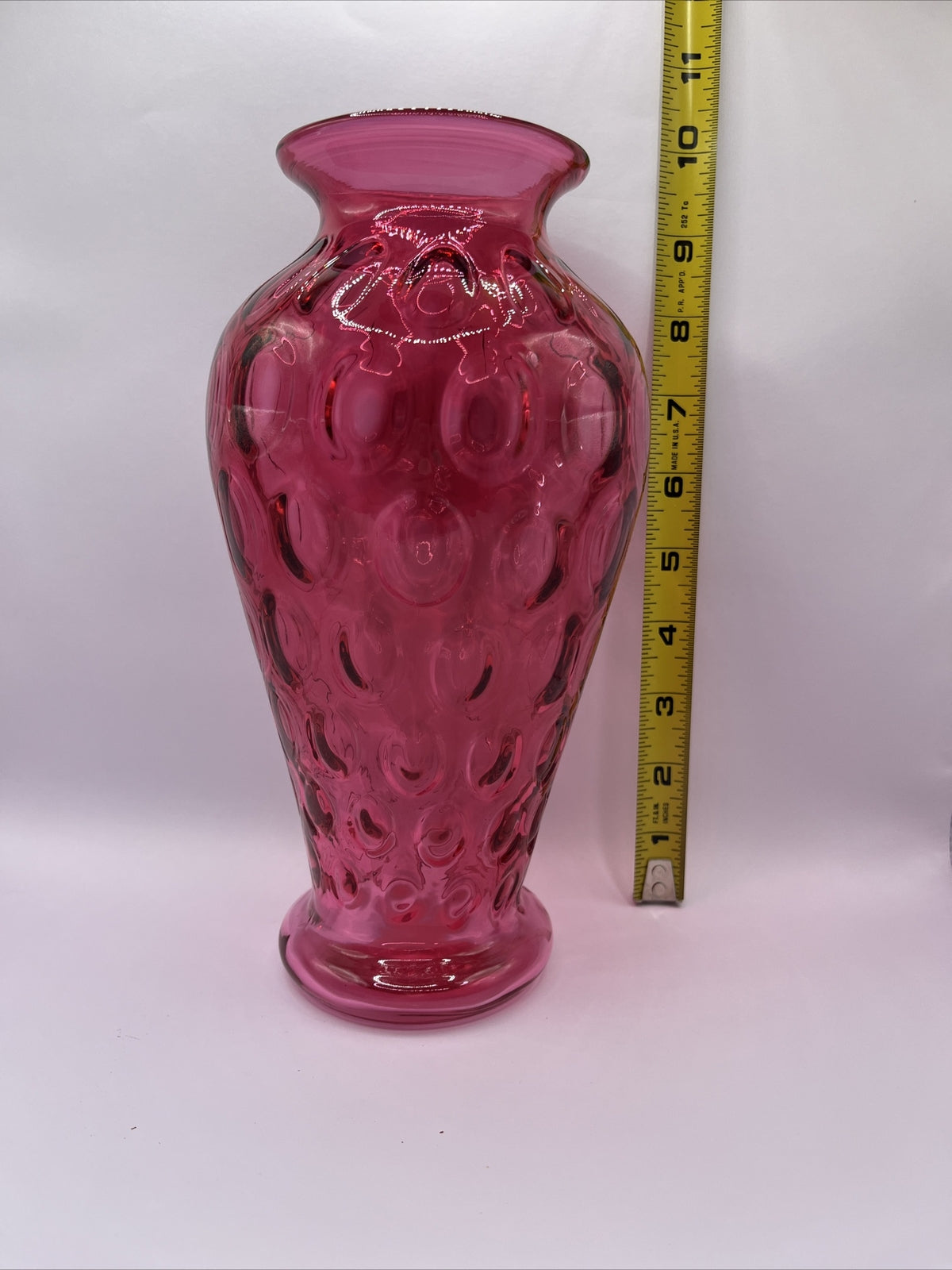 Fenton Cranberry Glass Inverted Thumbprint Vase Original Sticker 9.34”