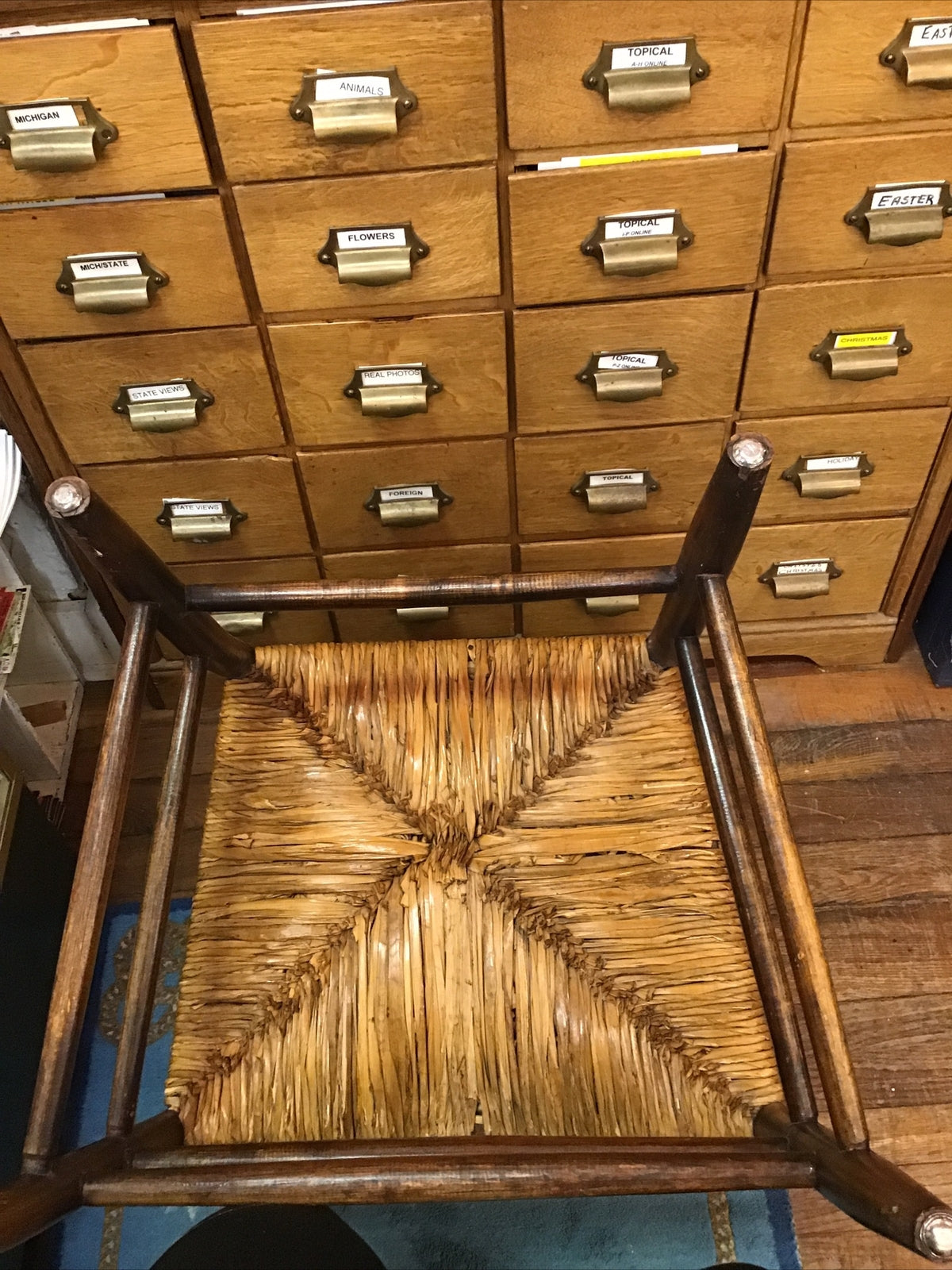 Antique Wood Shaker Ladder Back Rush Seat Arm Chair