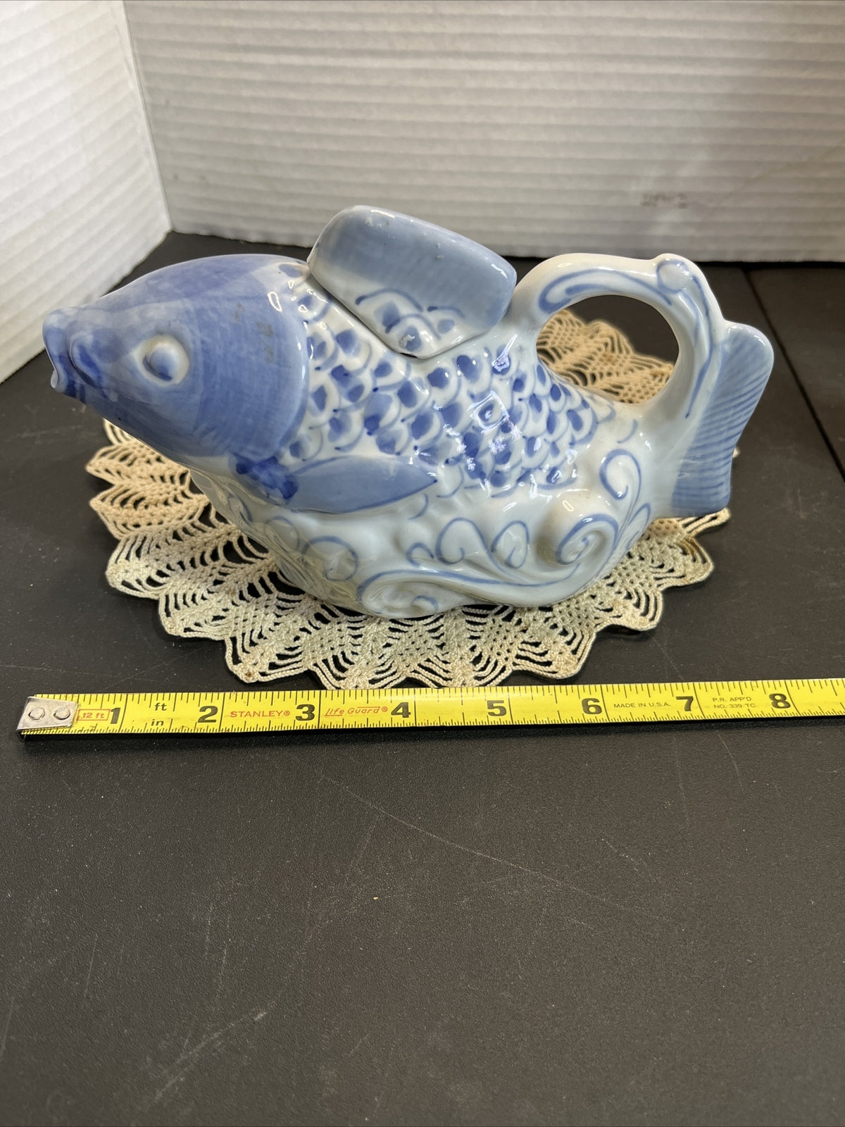 Vintage Handpainted Chinese Tea Pot Porcelain Koi Fish Shaped Pot w/ lid Blue