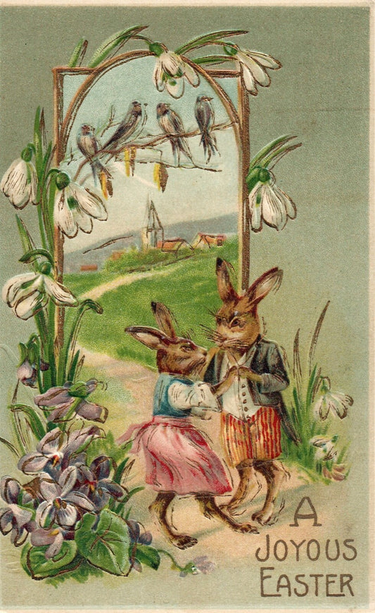A Joyous Easter Rabbits Dancing Together with Birds Vintage Easter Postcard