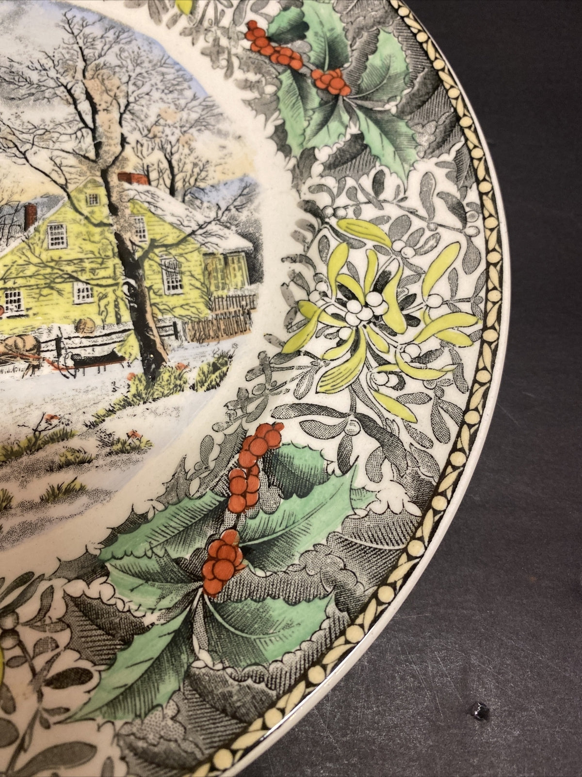 10.5" Adams Currier Winter Scenes New England Winter Scene Holly PLATE pottery