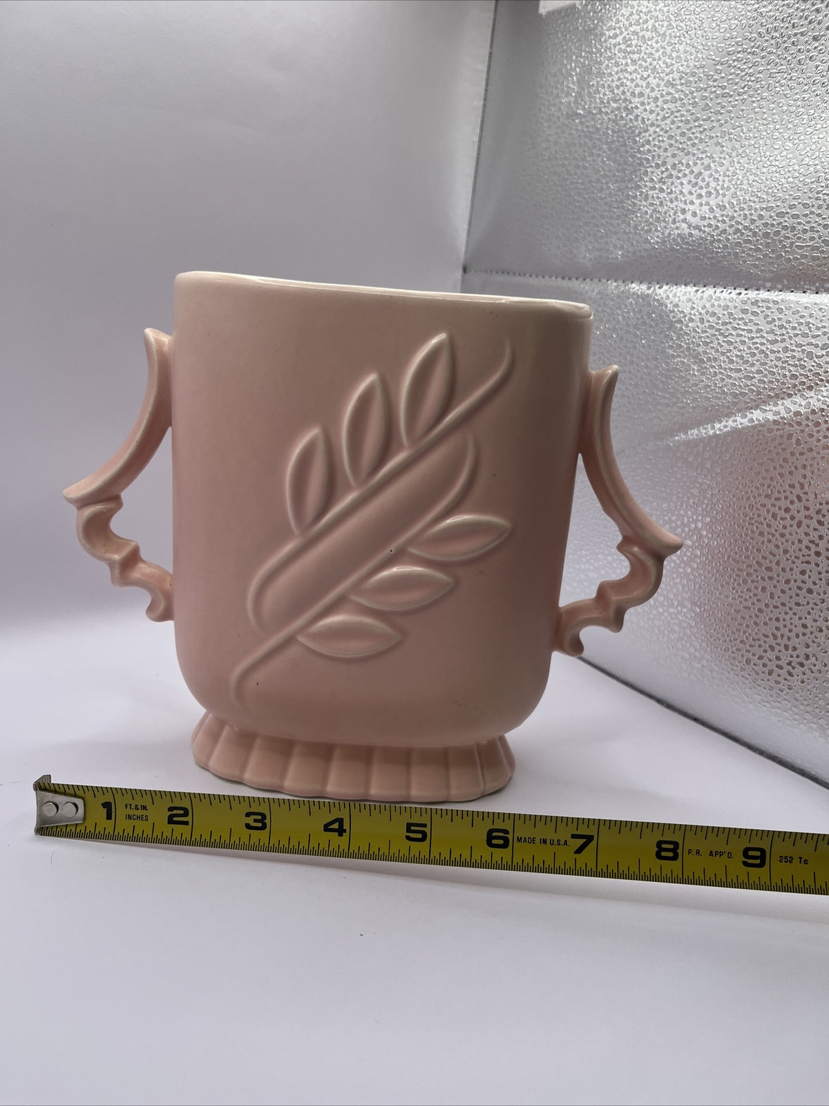 Vintage Red Wing Pottery Pink Leaf Embossed Double Handle Vase #1174