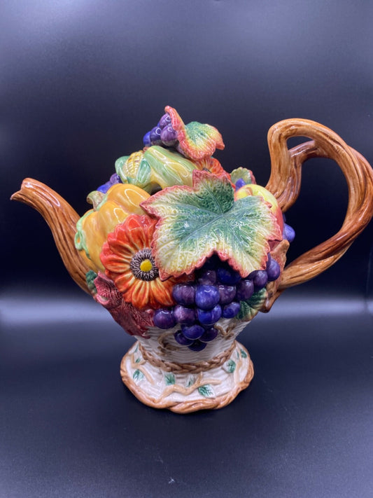 Vintage Fitz And Floyd Harvest Fall Ceramic Pumpkin Grapes Leaf Teapot  1997