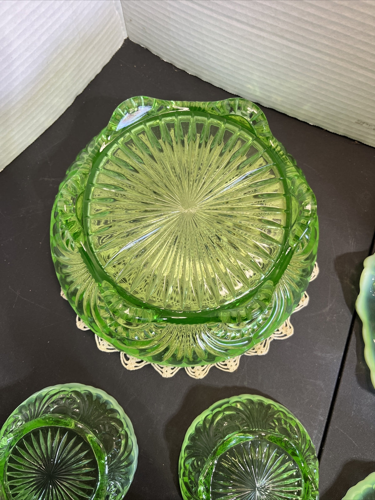 Antique Jefferson Glass 1907 Tokyo Green Opalescent Large, Med & 5 Small Bowls