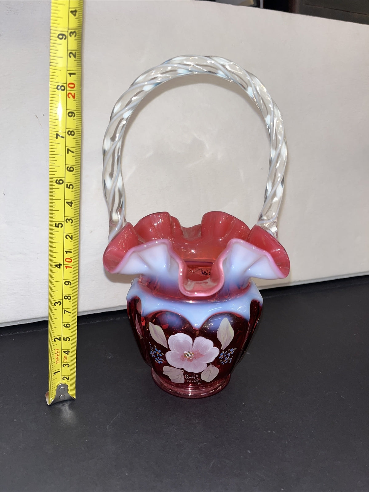 Fenton Art Glass Cranberry Opalescent Open Heart Arches Basket Signed & HP