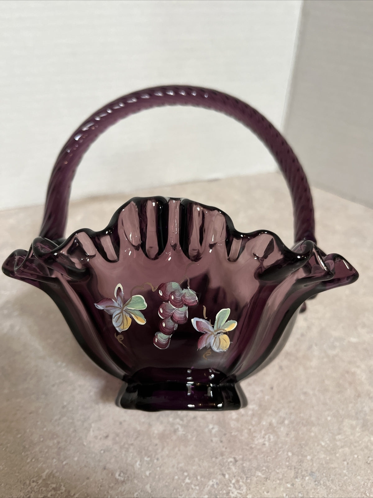 Fenton Art Glass Ruffled Purple Basket With Twisted Handle & signed