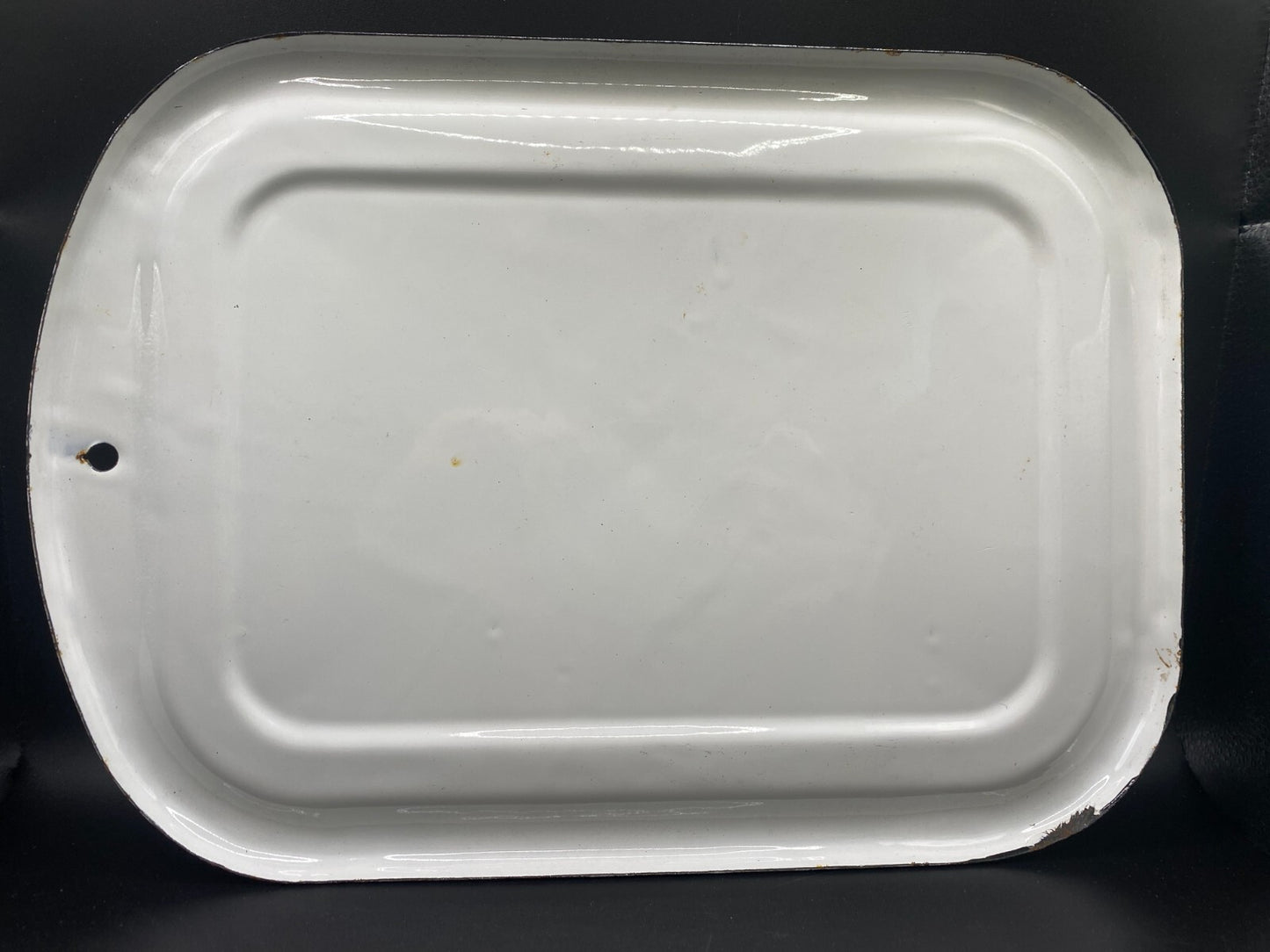 VTG Enamelware Refrigerator Box Lid White Black edge Enamel 13” x 9.5"