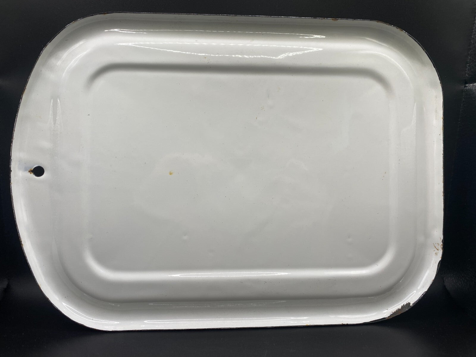 VTG Enamelware Refrigerator Box Lid White Black edge Enamel 13” x 9.5"