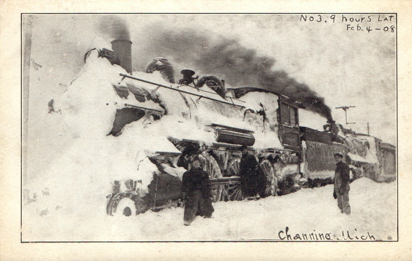 No 3 Train Covered In Snow 9 Hours Late Channing Michigan MI Postcard