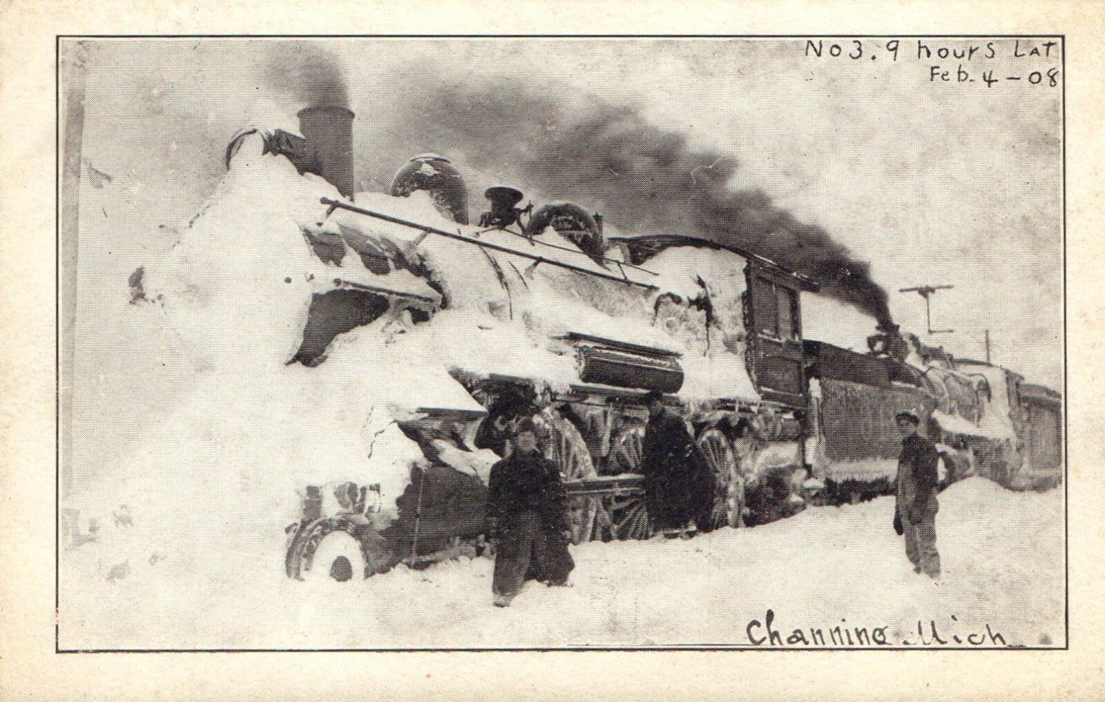 No 3 Train Covered In Snow 9 Hours Late Channing Michigan MI Postcard