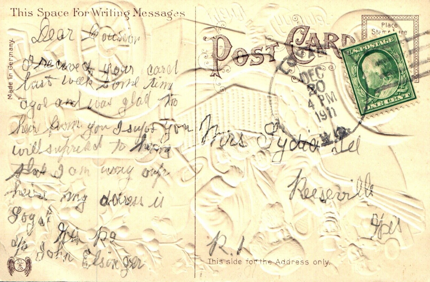 Merry Christmas Heavy Embossed Sant Getting Out of Car Vintage Santa Postcard