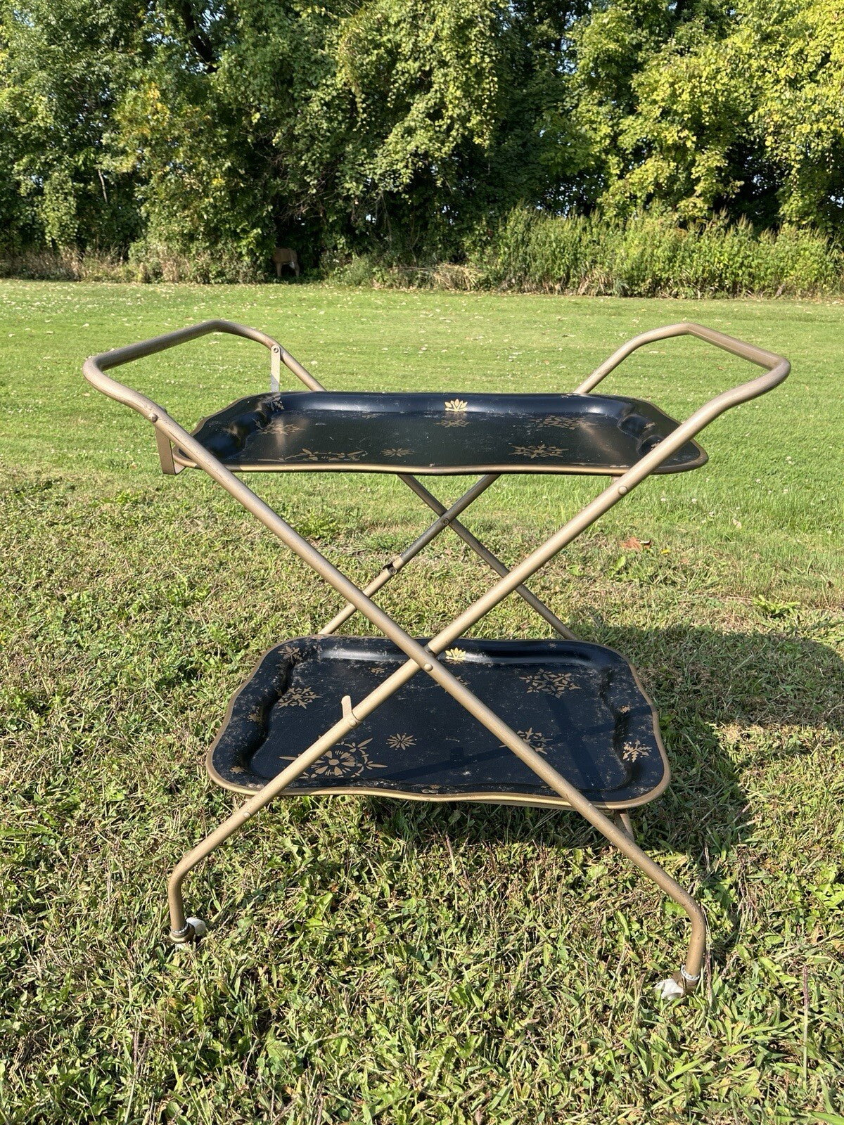 VINTAGE  SERVING CART TEA TROLLEY RETRO 1960s Black/Gold