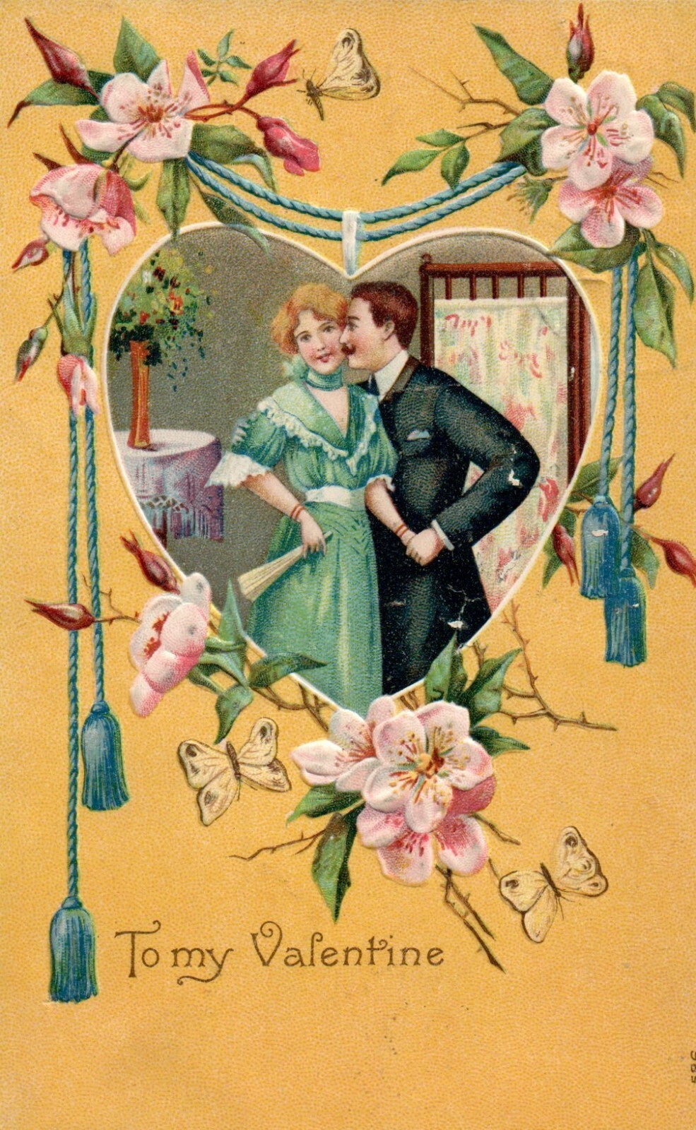 Man Holding Womans Arms Pink Flowers Yellow Background Valentines Postcard 586