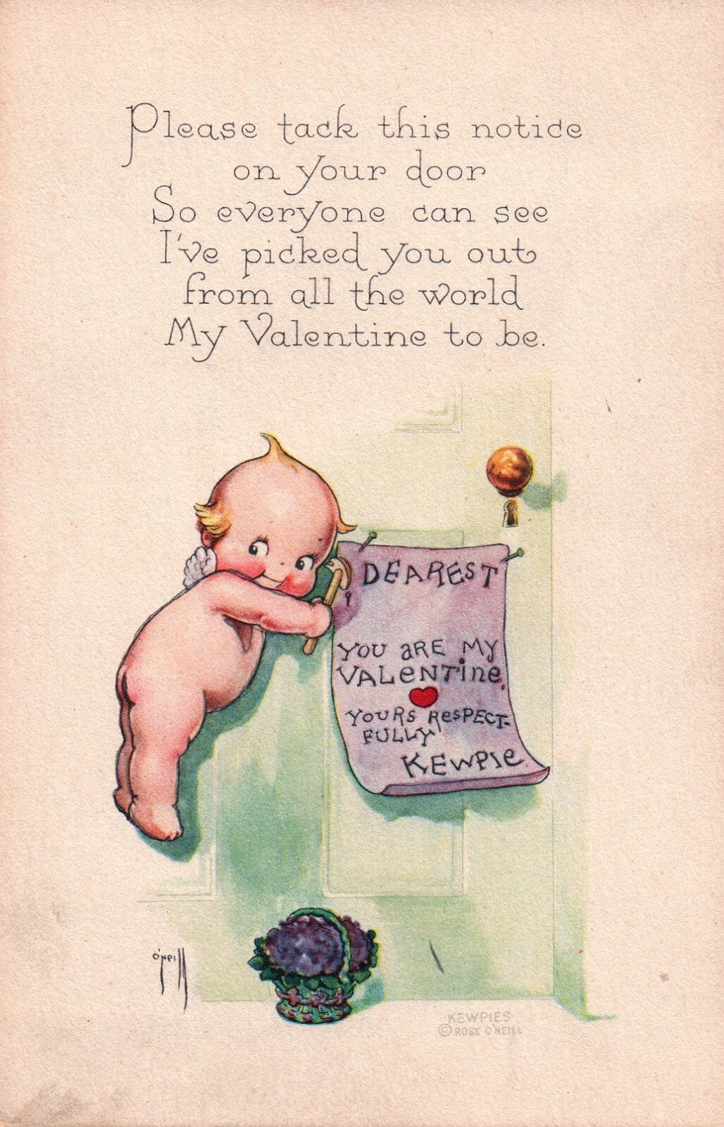 Postcard Valentine Kewpies Tacking Note Violets Artist Rose O'Neill Gibson c1915