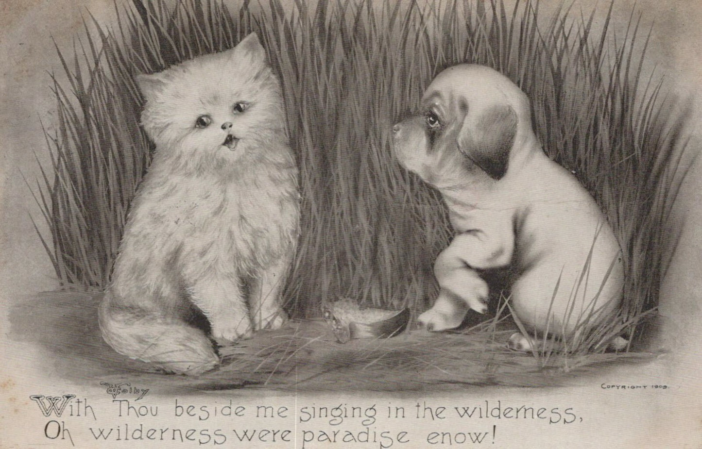 Cartoon White Cat and Dog "With Thou beside me singing" poem Animal Postcard