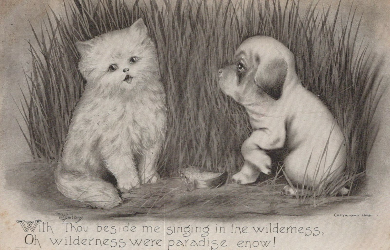 Cartoon White Cat and Dog "With Thou beside me singing" poem Animal Postcard
