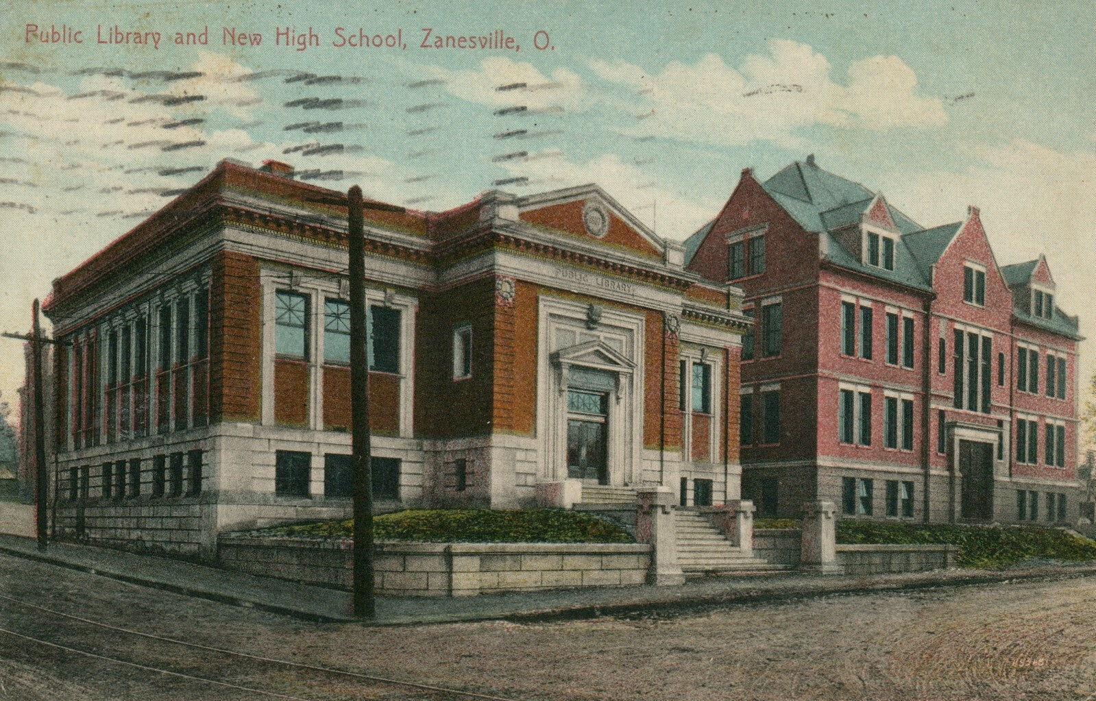 1912 Public Library New High School Zanesville Ohio  OH Vintage Postcard