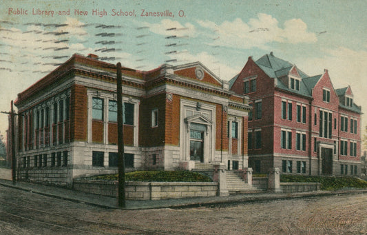 1912 Public Library New High School Zanesville Ohio  OH Vintage Postcard