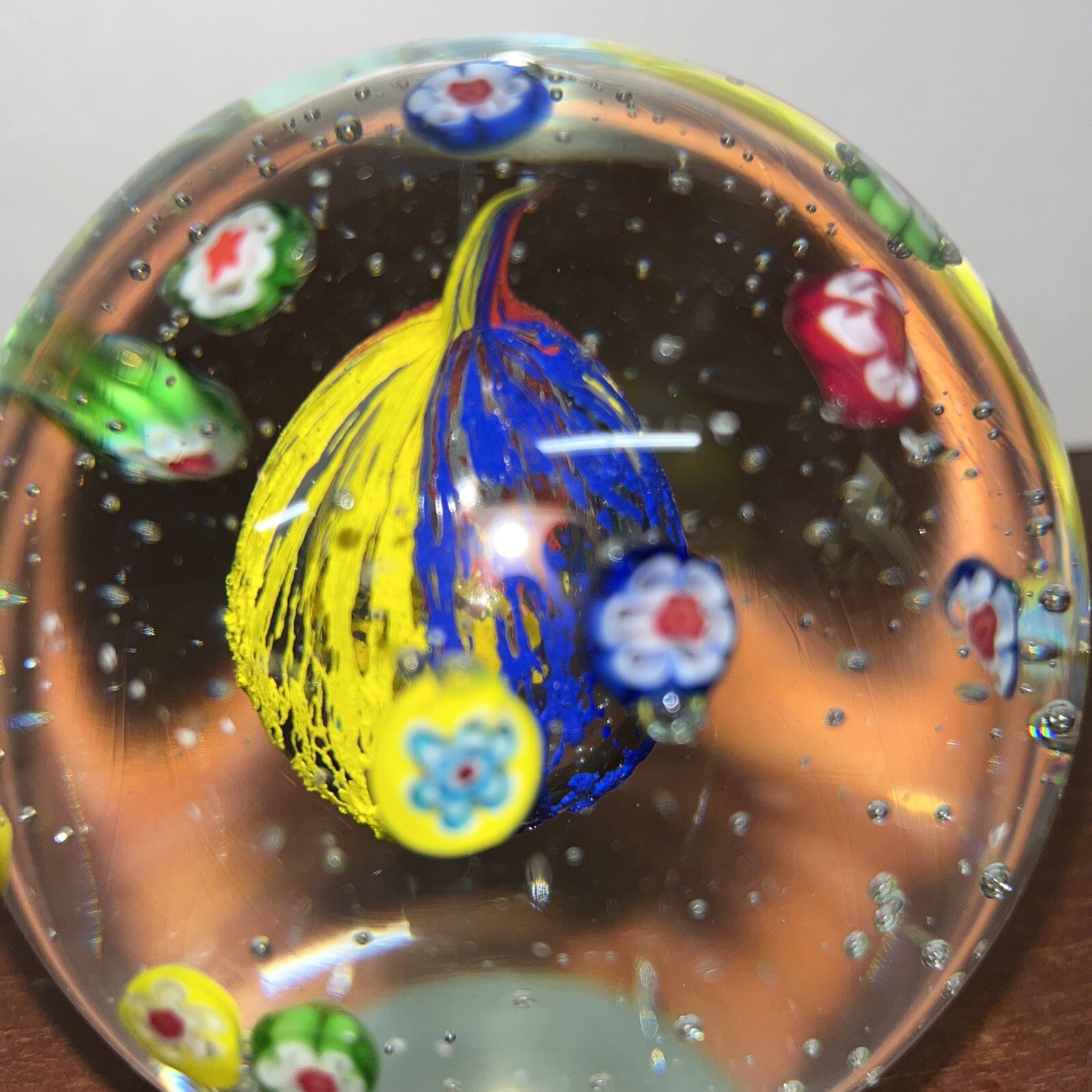 Vintage Art Glass Bubble Round Spear Paperweight Blue Red  Blue Yellow Clear 4”