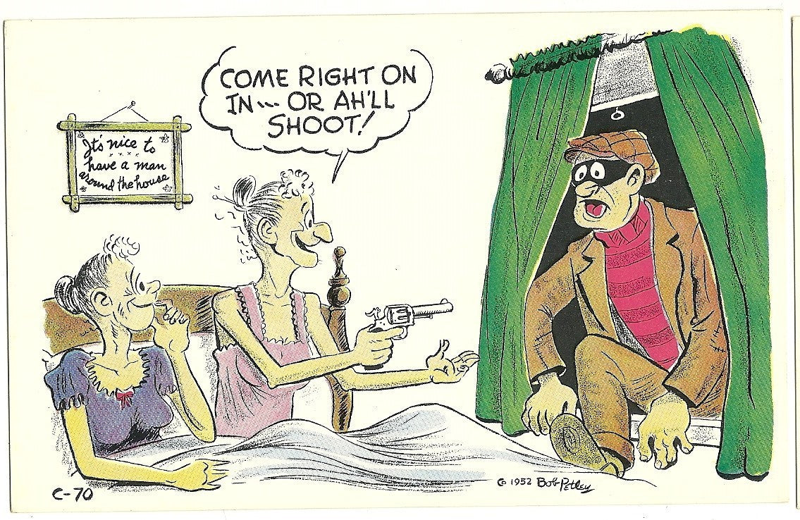 Two Old Women Pull Gun on Robber Artist Signed Bob Petley Comic Postcard C-70