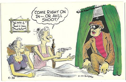 Two Old Women Pull Gun on Robber Artist Signed Bob Petley Comic Postcard C-70