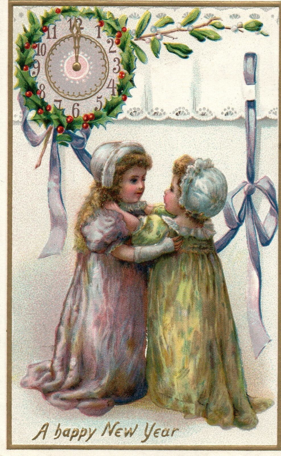 Tuck Girls in Pretty Dresses Bonnets Hugging Happy New Year Postcard Series 600