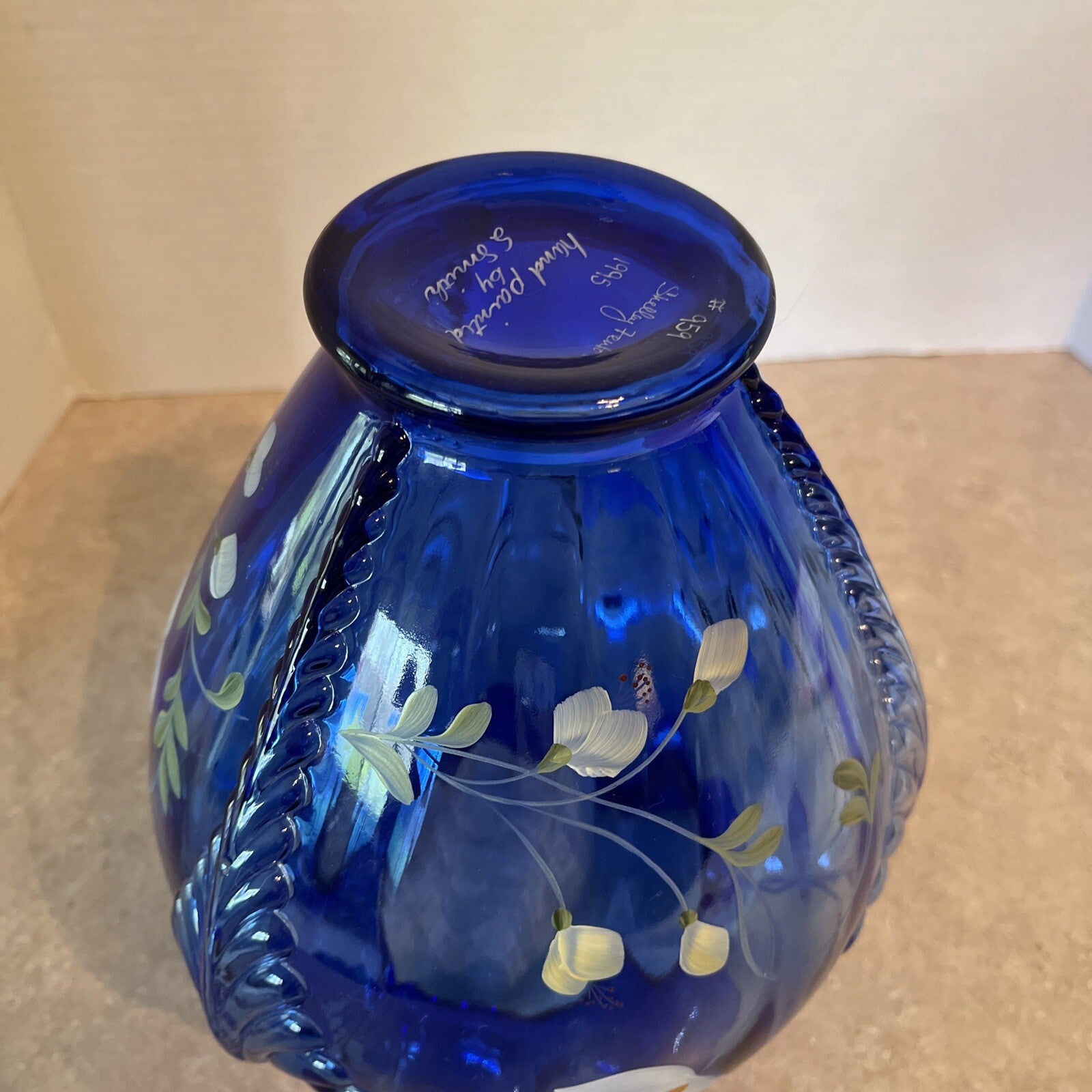 Fenton Glass Cobalt Blue Feathered Belly Vase Signed Shelly Fenton Hand Painted