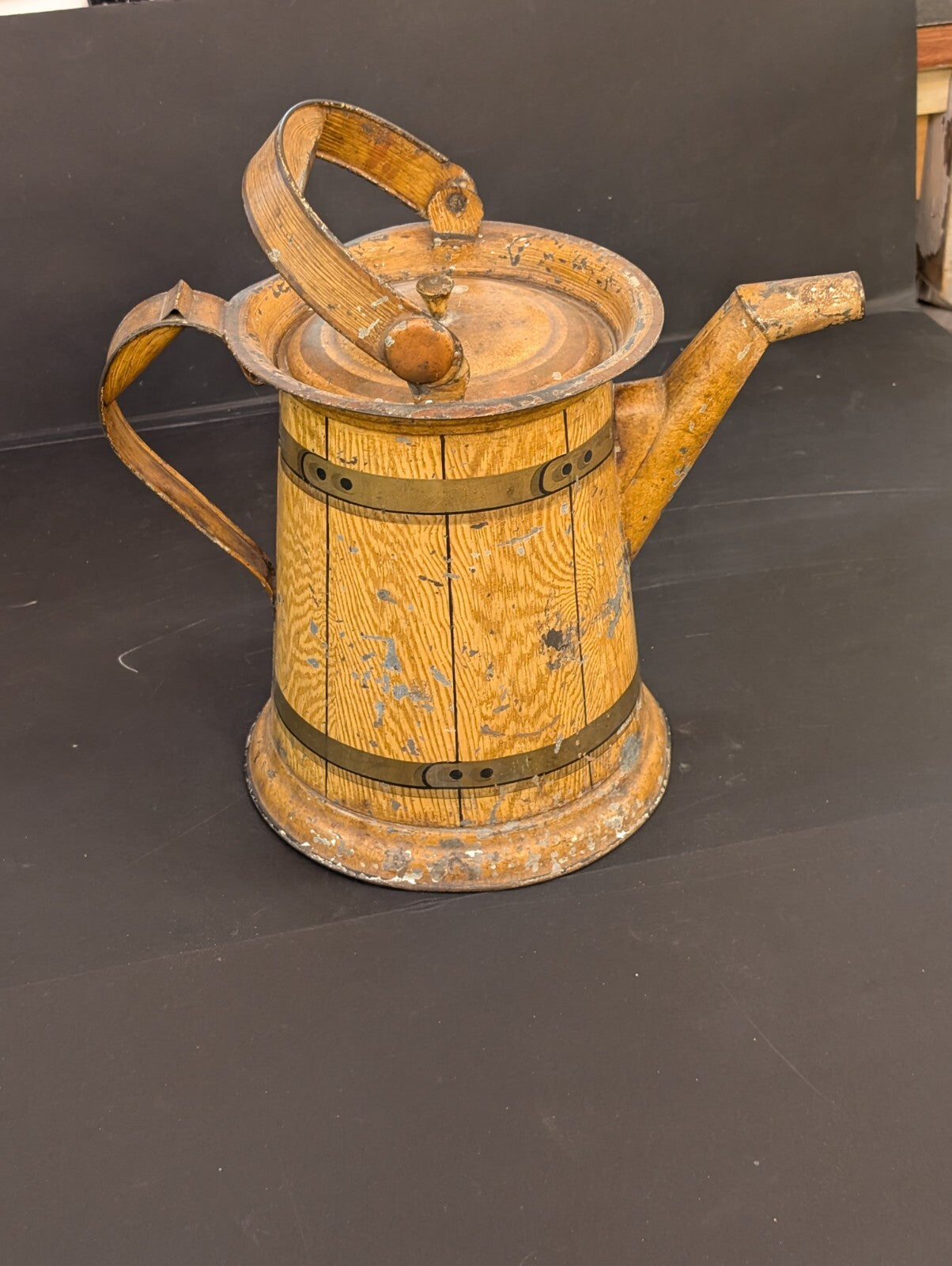 Antique Painted Tin Toleware Water Pitcher & Bowl Wash Basin Wood Grain yellow