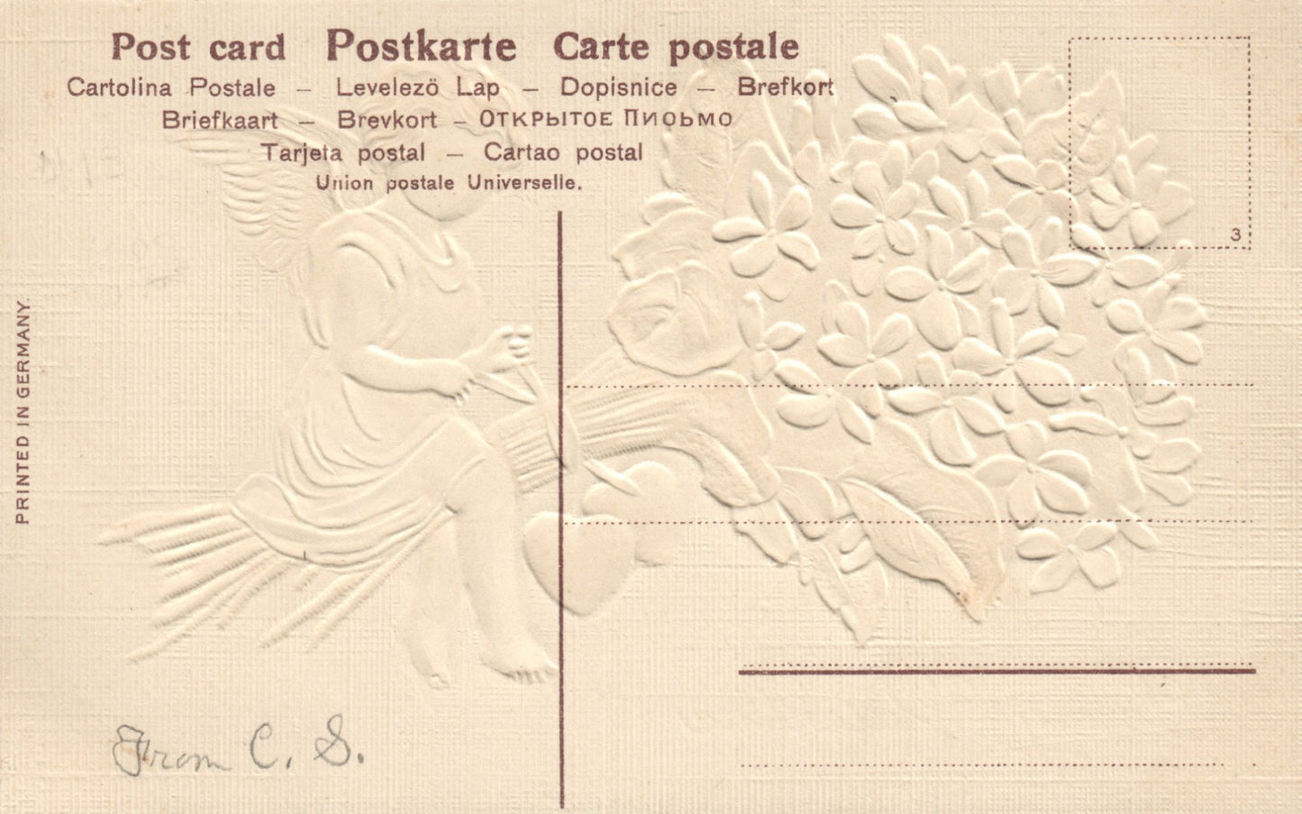 Cupid Sitting On Bouquet Of Purple Flowers Holding Hearts Valentine Postcard 690