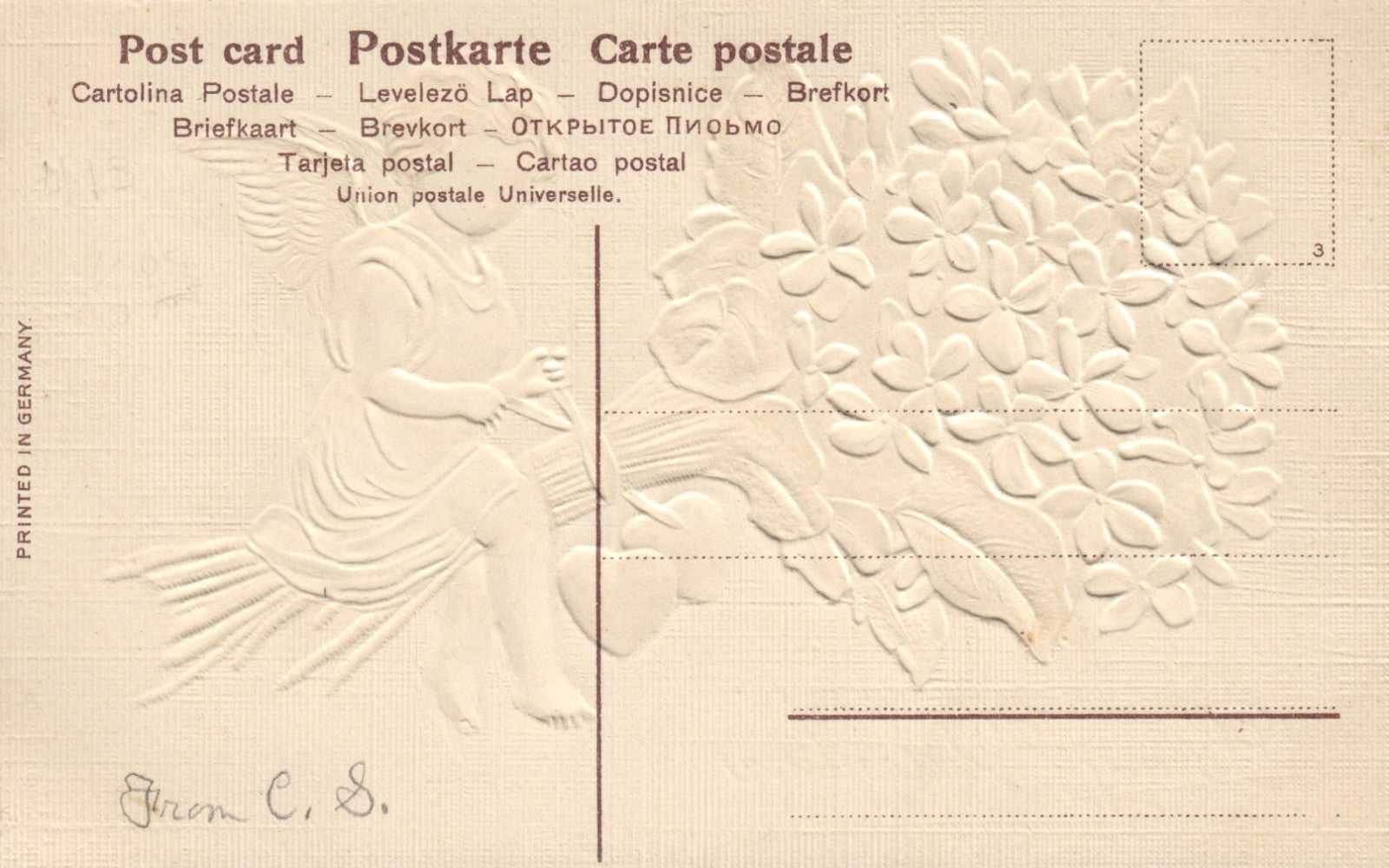 Cupid Sitting On Bouquet Of Purple Flowers Holding Hearts Valentine Postcard 690