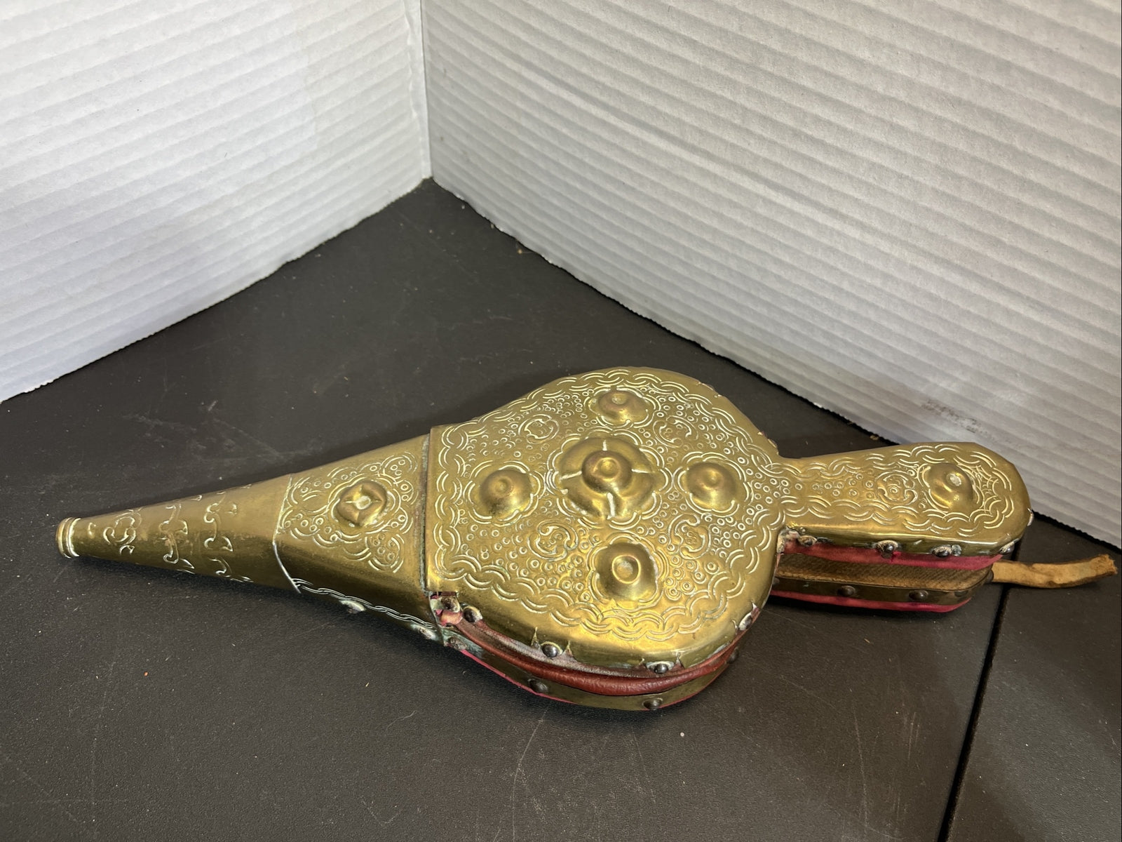 Antique French Handmade Repousse Brass Wood Fireplace Bellow