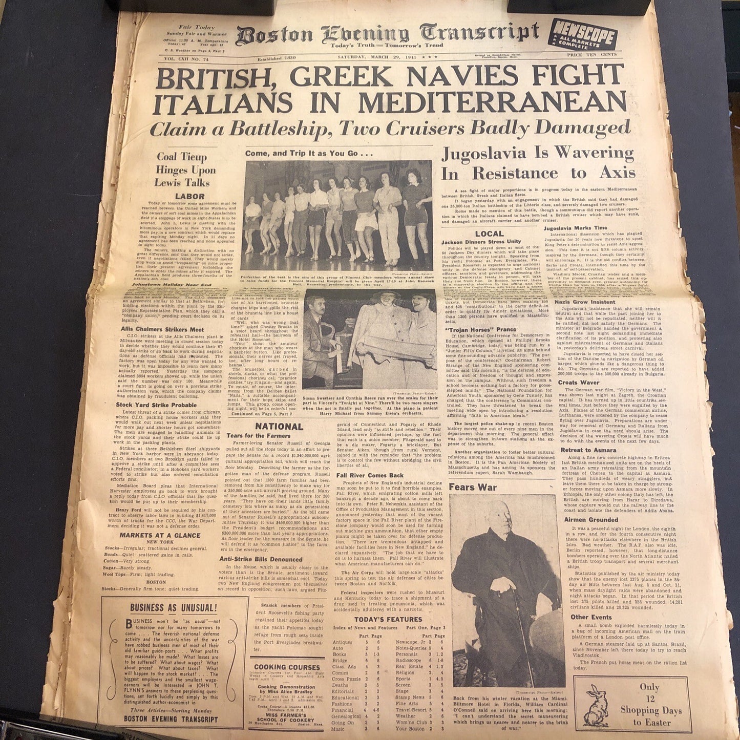1941 MARCH 29 BOSTON EVENING TRANSCRIPT NEWSPAPER BRITISH GREEK NAVIES VS ITALY