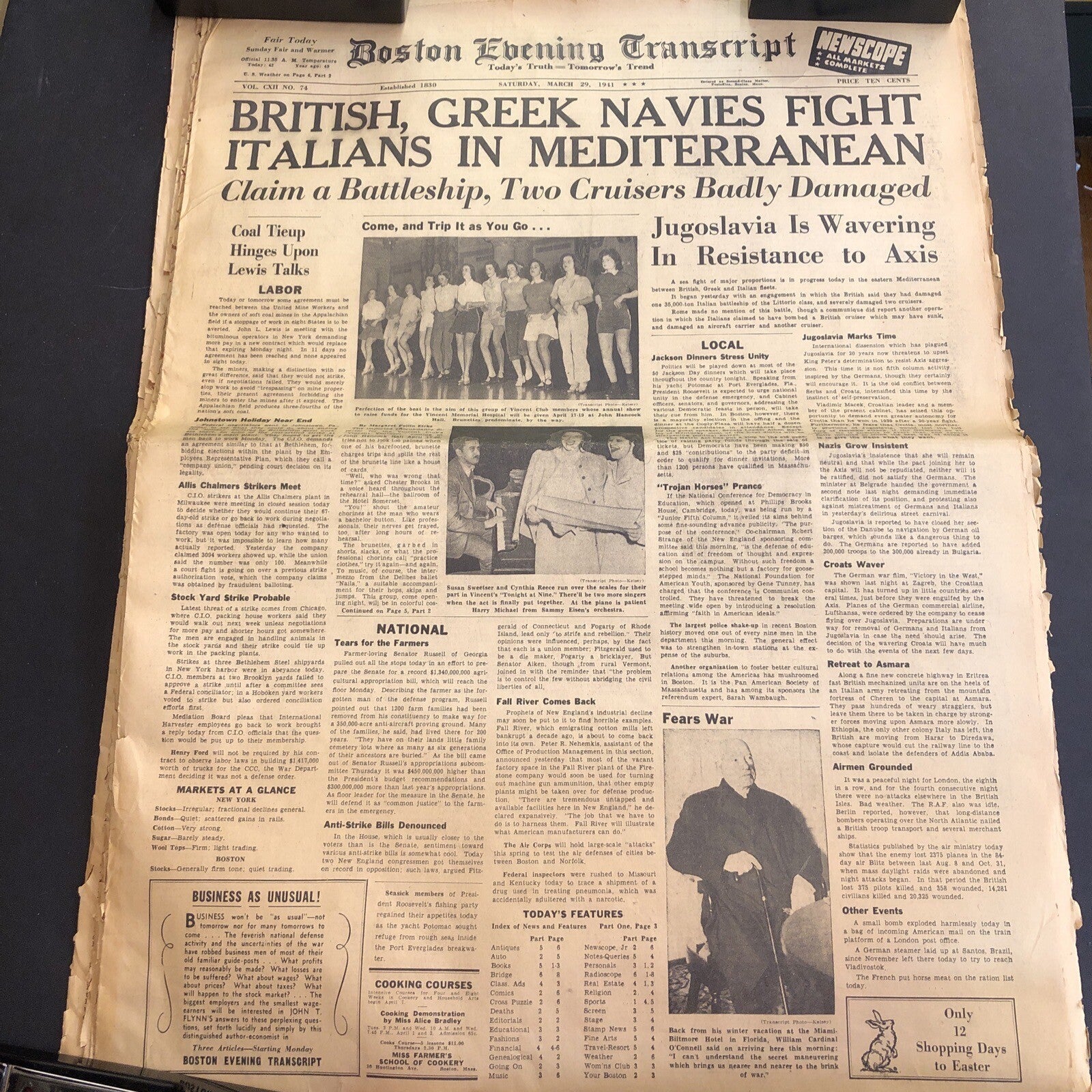 1941 MARCH 29 BOSTON EVENING TRANSCRIPT NEWSPAPER BRITISH GREEK NAVIES VS ITALY