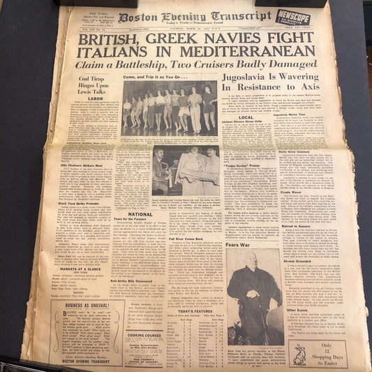 1941 MARCH 29 BOSTON EVENING TRANSCRIPT NEWSPAPER BRITISH GREEK NAVIES VS ITALY