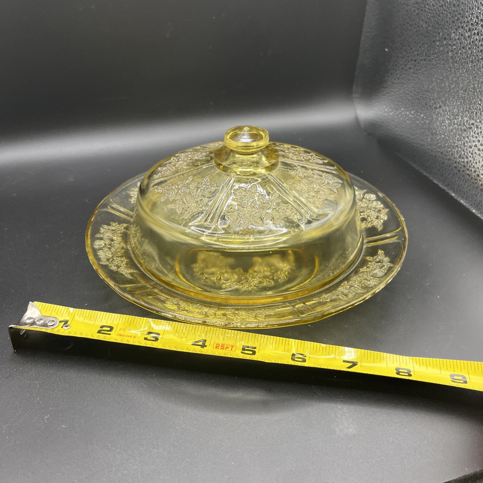 Vtg FEDERAL GLASS -Sharon Amber- Cabbage Rose, Rnd Butter Dish w Lid / Cover.VGC