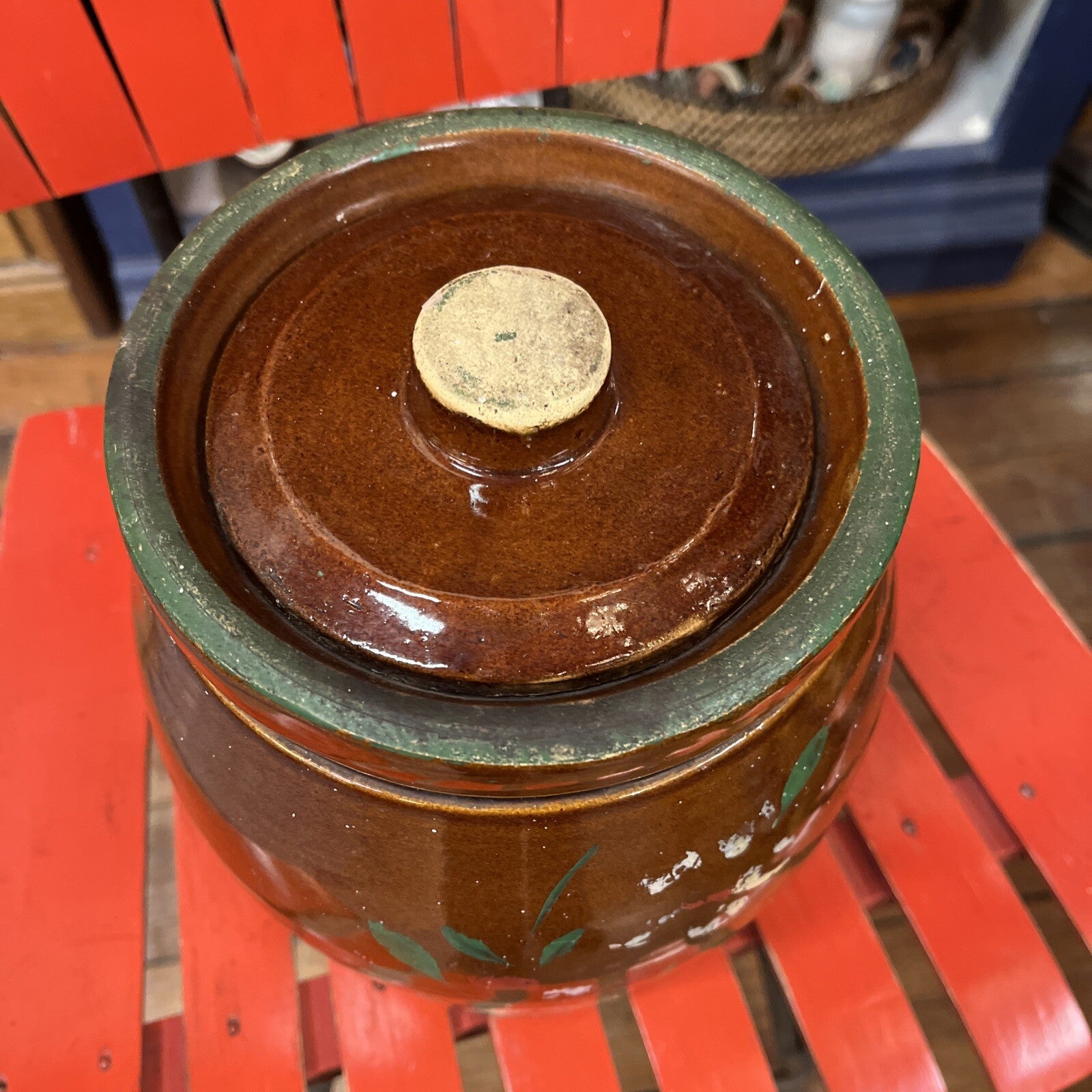 VINTAGE COOKIE JAR- CROCK BROWN FLOWERED STONEWARE CROCK KITCHEN FARM RANCH HOME