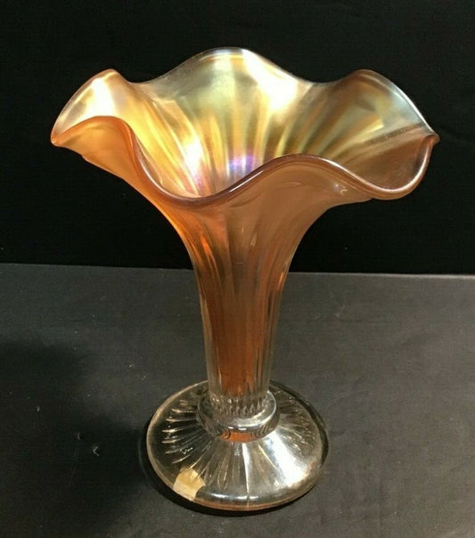 6" Marigold Clear Stem Tulip Shaped Iridescent Carnival Glass 
