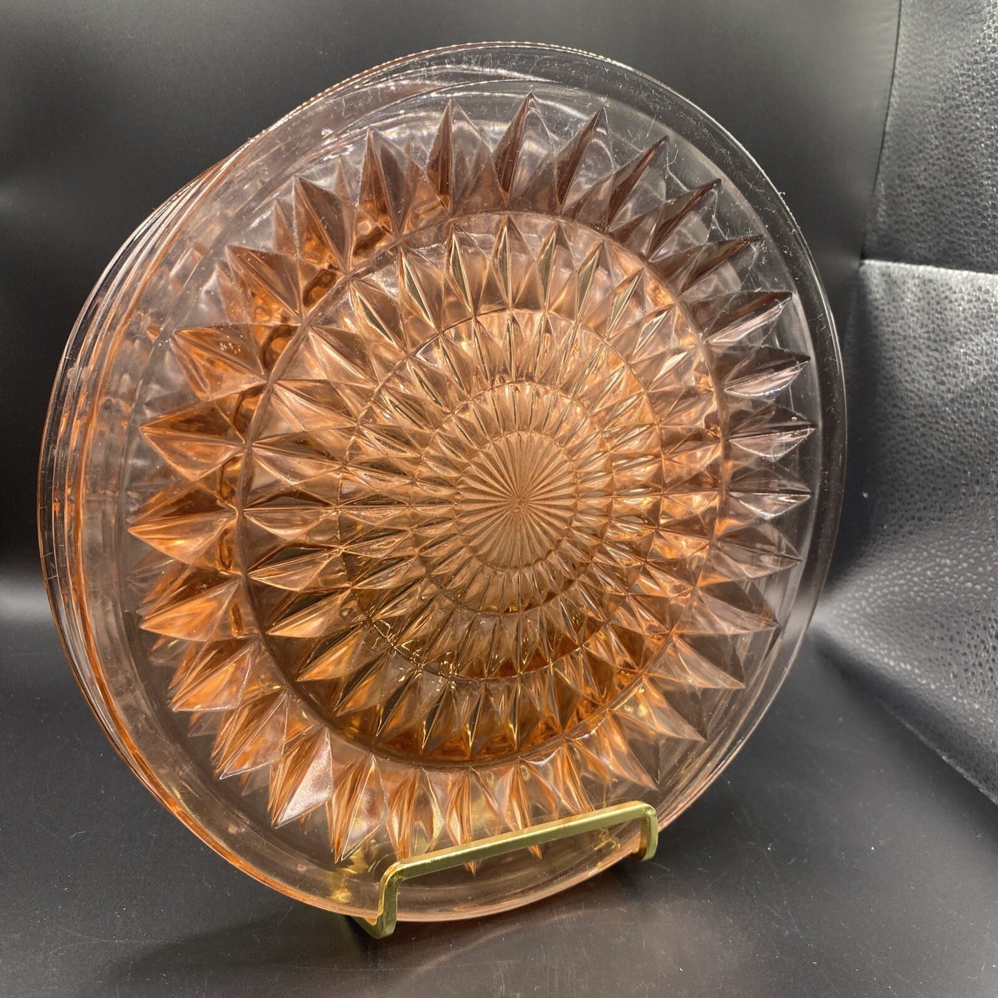 Lot of 4 9" Plates  Vintage Pink Depression Glass Cube Diamond Scalloped Edge