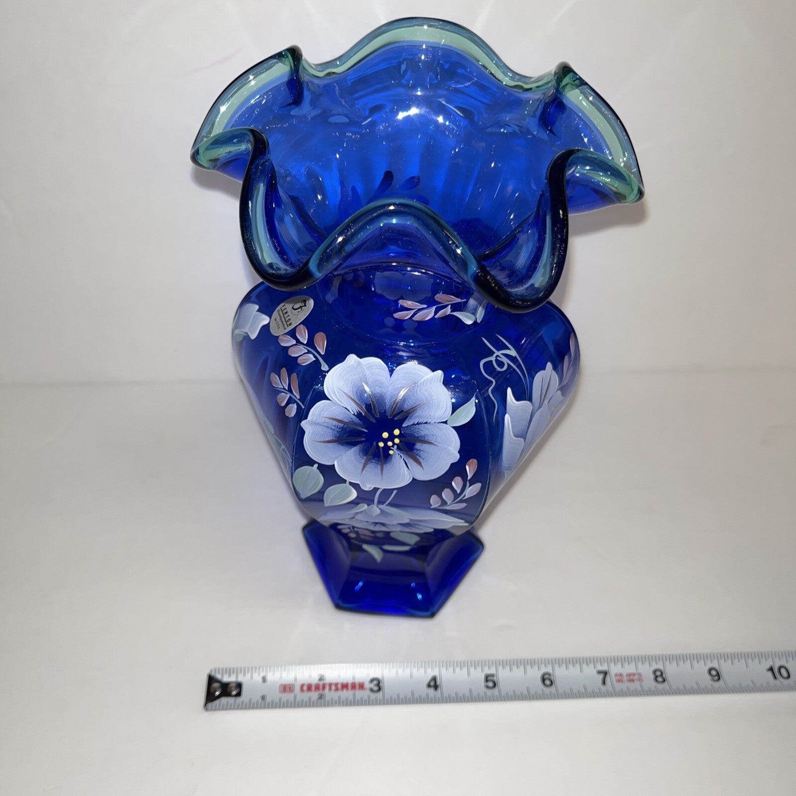 Fenton 75th Anniversary Vase Colbalt Blue Green Crest Hand Painted Signed