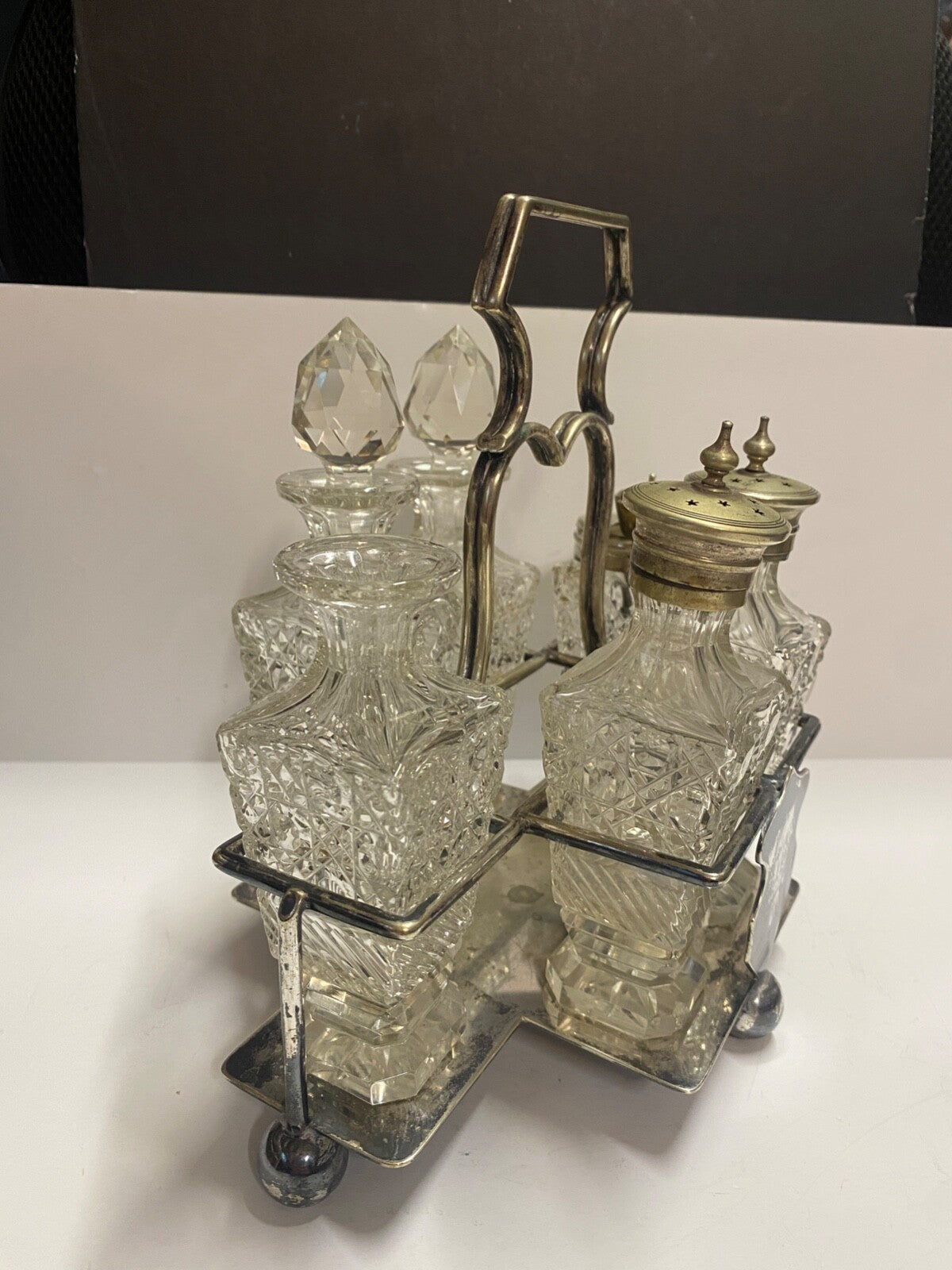 Antique 1900's Silver Plated Cruet 6 Piece Set & Carrier Salt Pepper Sugar &More