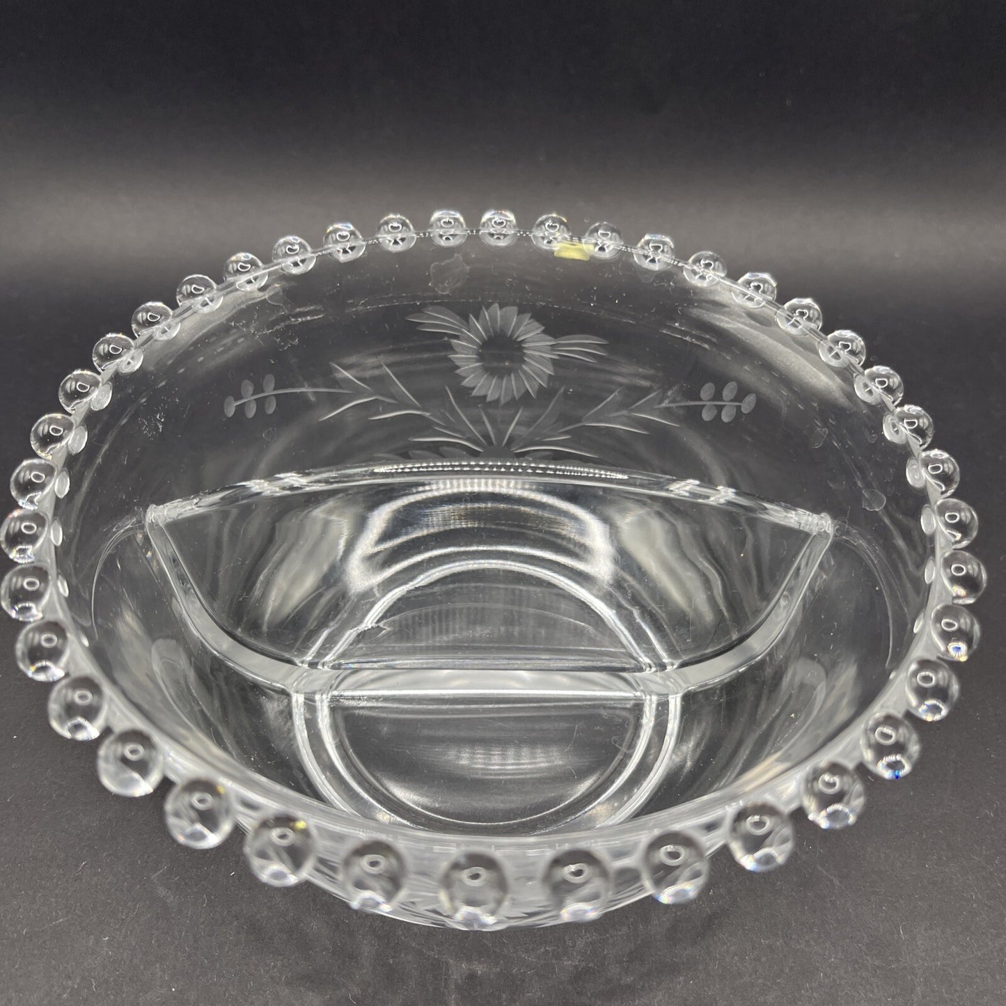Imperial Candlewick Elegant Glass FLORAL ETCHED DIVIDED BOWL 3 1/2" T, 6 1/2" W
