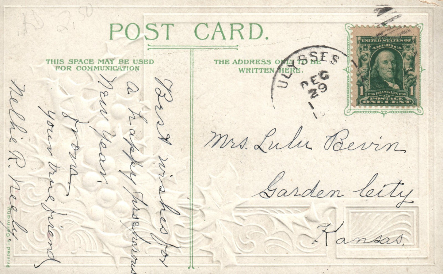 Silver Embossed Holly Brick Home Covered In Snow and Ivy New Year Postcard 