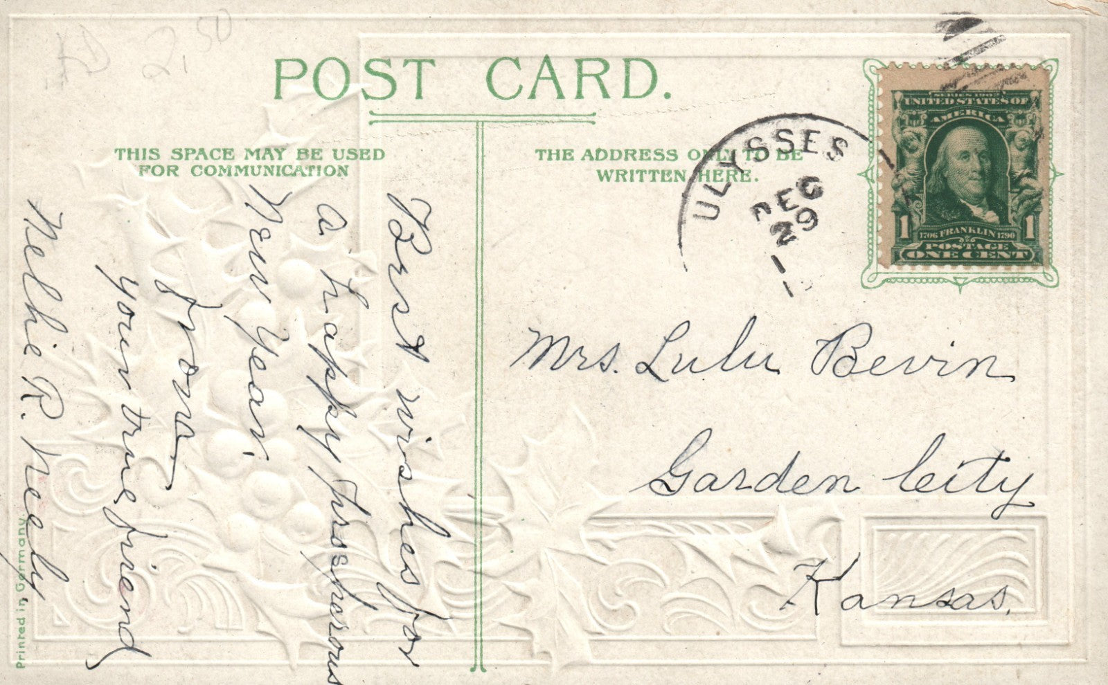 Silver Embossed Holly Brick Home Covered In Snow and Ivy New Year Postcard 