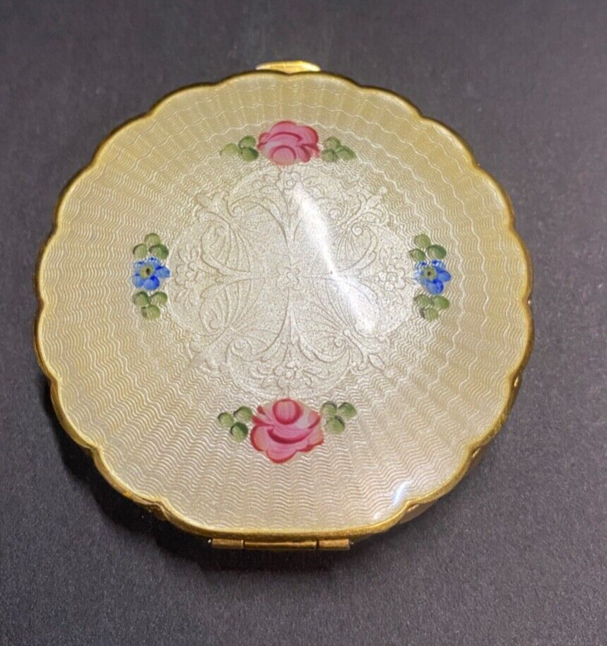 VTG R&G CO. PASTEL YELLOW ENAMEL HAND PAINTED FLOWERS POWDER & BLUSH COMPACT